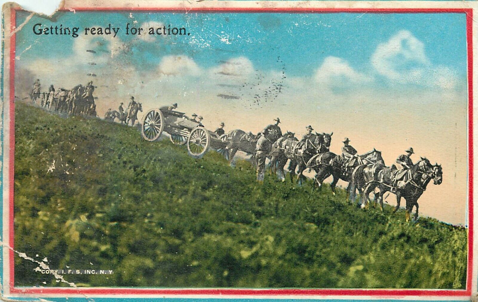 Get Ready for Action Soldiers Horseback Cannons pm 1918 WWI Postcard