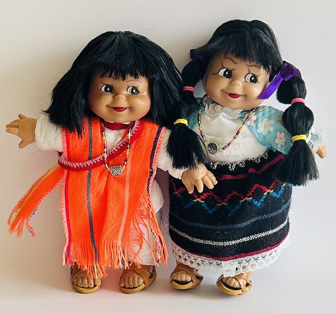 Vintage Mexican Dolls Souvenir Rubber Face Cloth Body~Set of 2