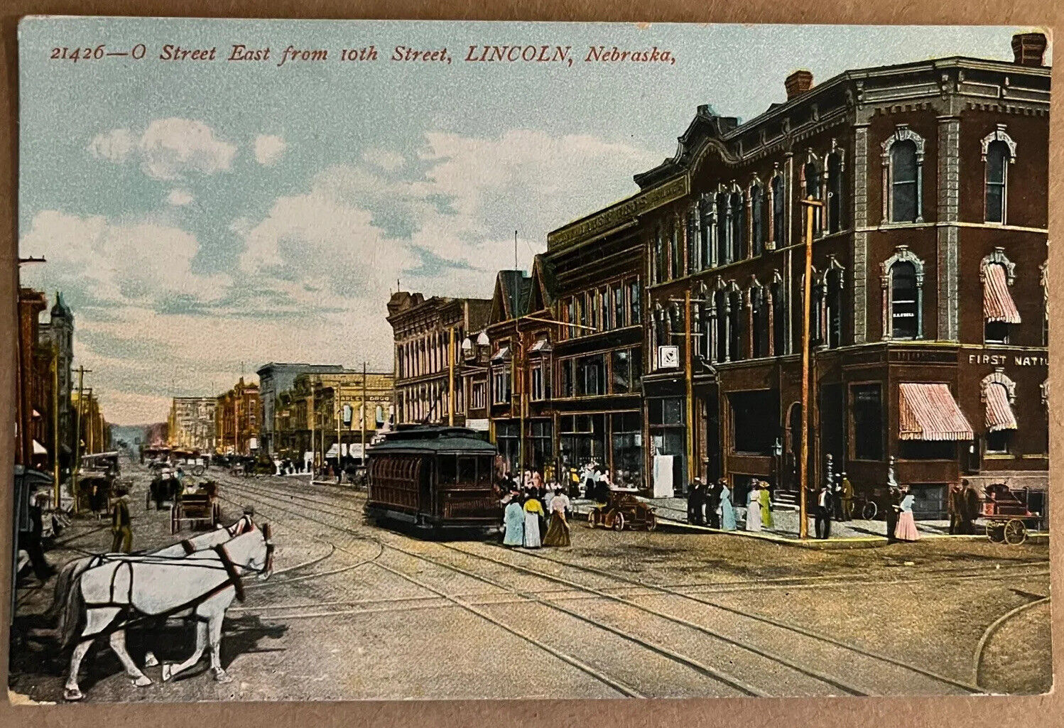 Lincoln Nebraska O Street Scene Horses People Trolley Antique Postcard c1910