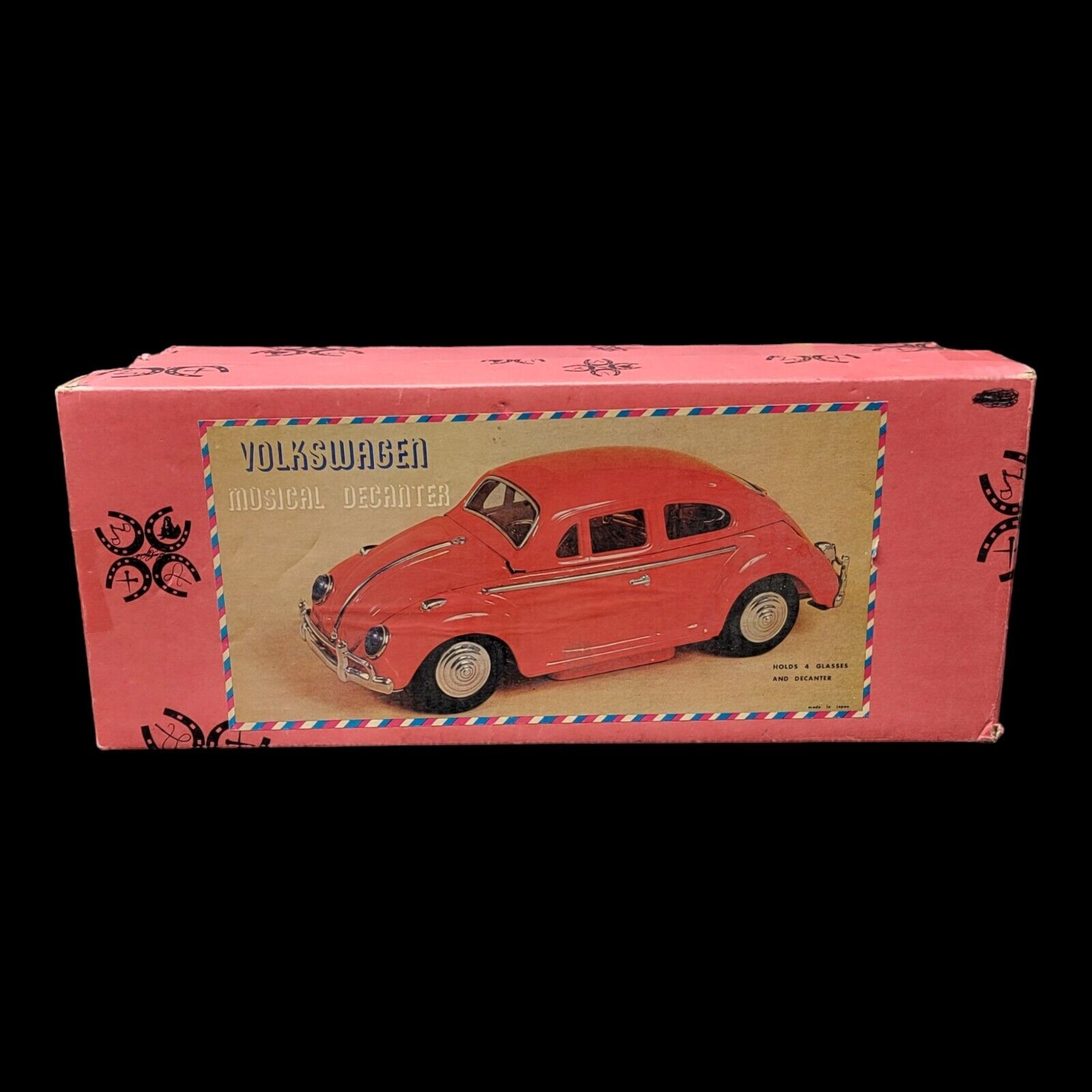 Antique Red Volkswagon Beetle Music Box Decanter Set 1960's Barware MCM Japan
