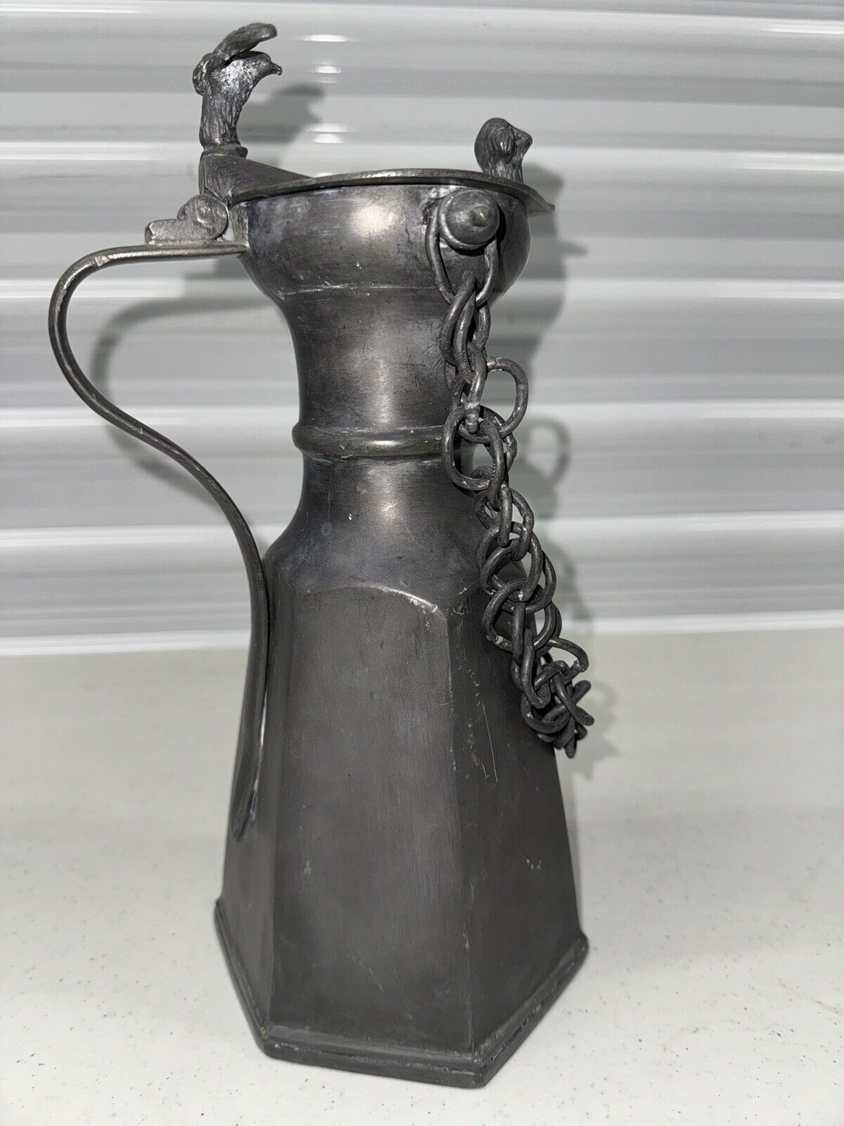 WONDERFUL  ANTIQUE   PEWTER  JUG  PITCHER  WITH  LID RAM HEAD AND AN EAGLE
