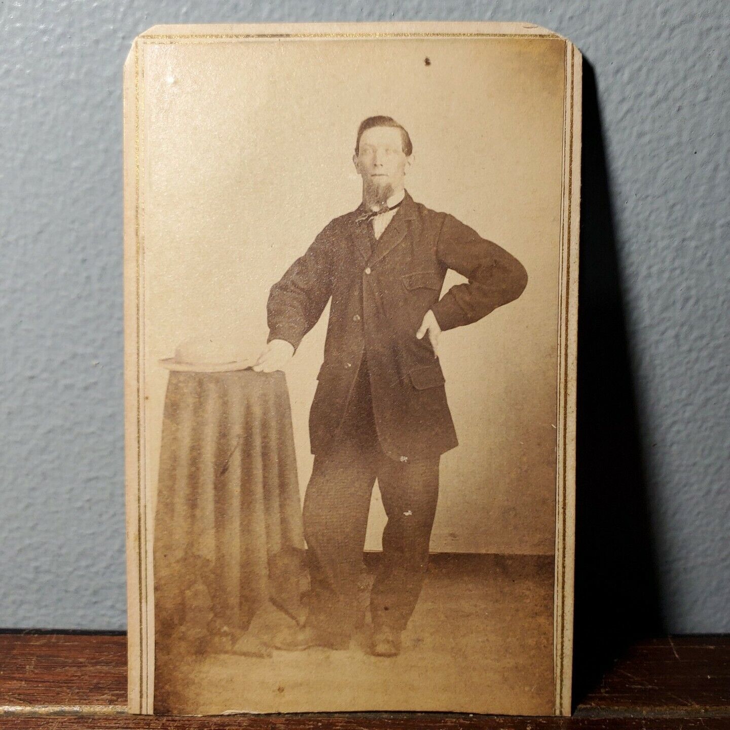 1860s-70s CDV Photo of Handsome Bearded Man Standing next to Table w/ Hat