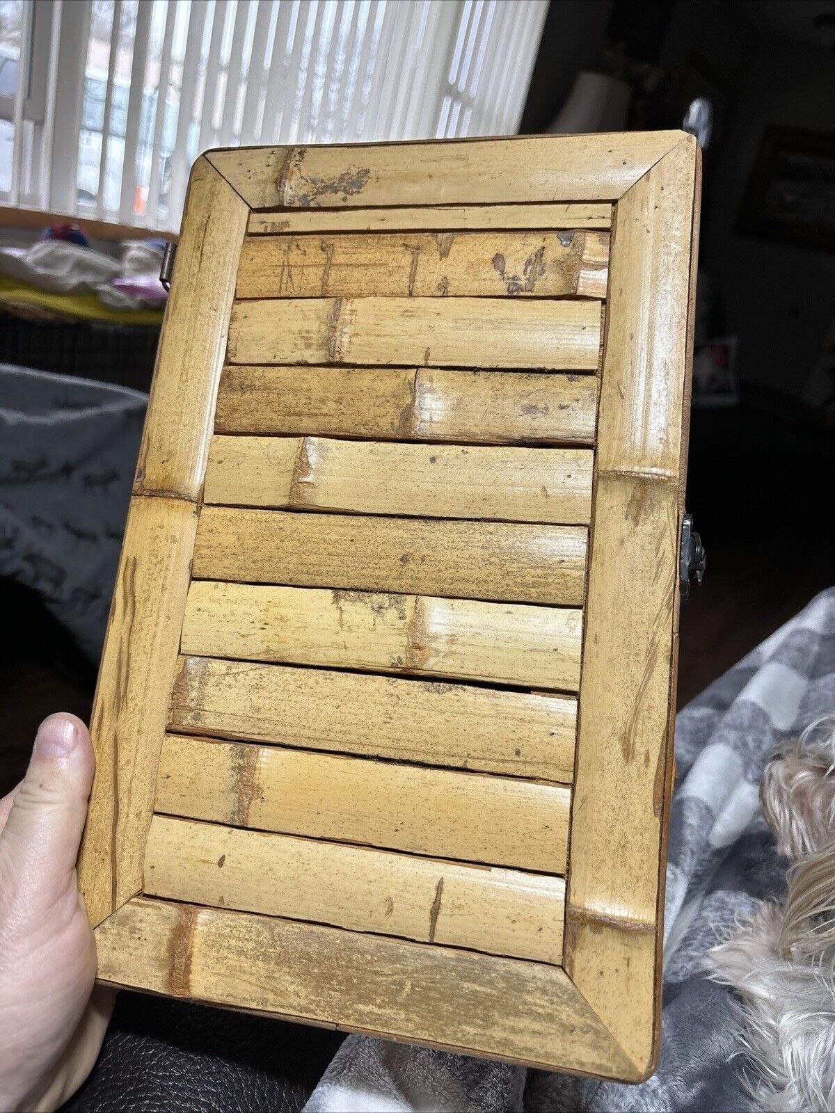 Vintage Bamboo Wooden Storage Box 8.5”x13” with Hinged Lid and Front Clasp NICE