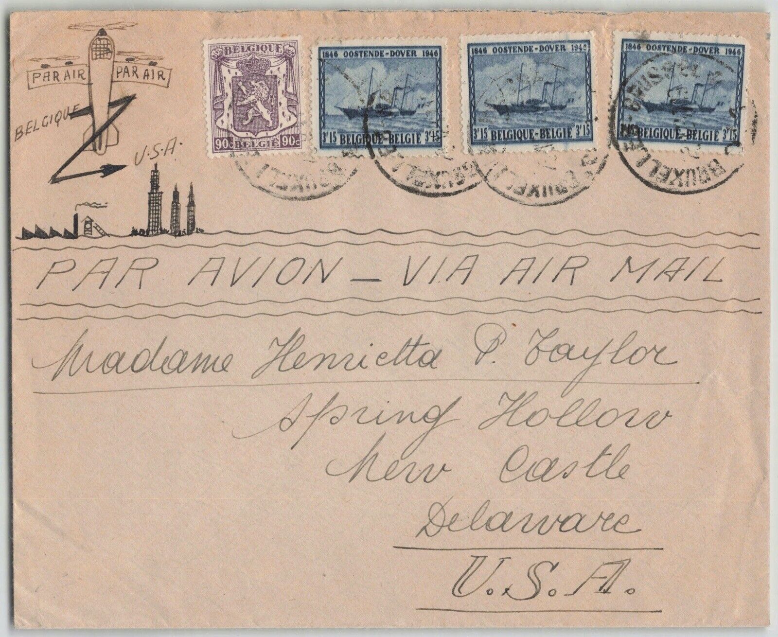 Belgium c. 1940s Brussls to Delaware USA Hand-Illustrated Airmail Cover 