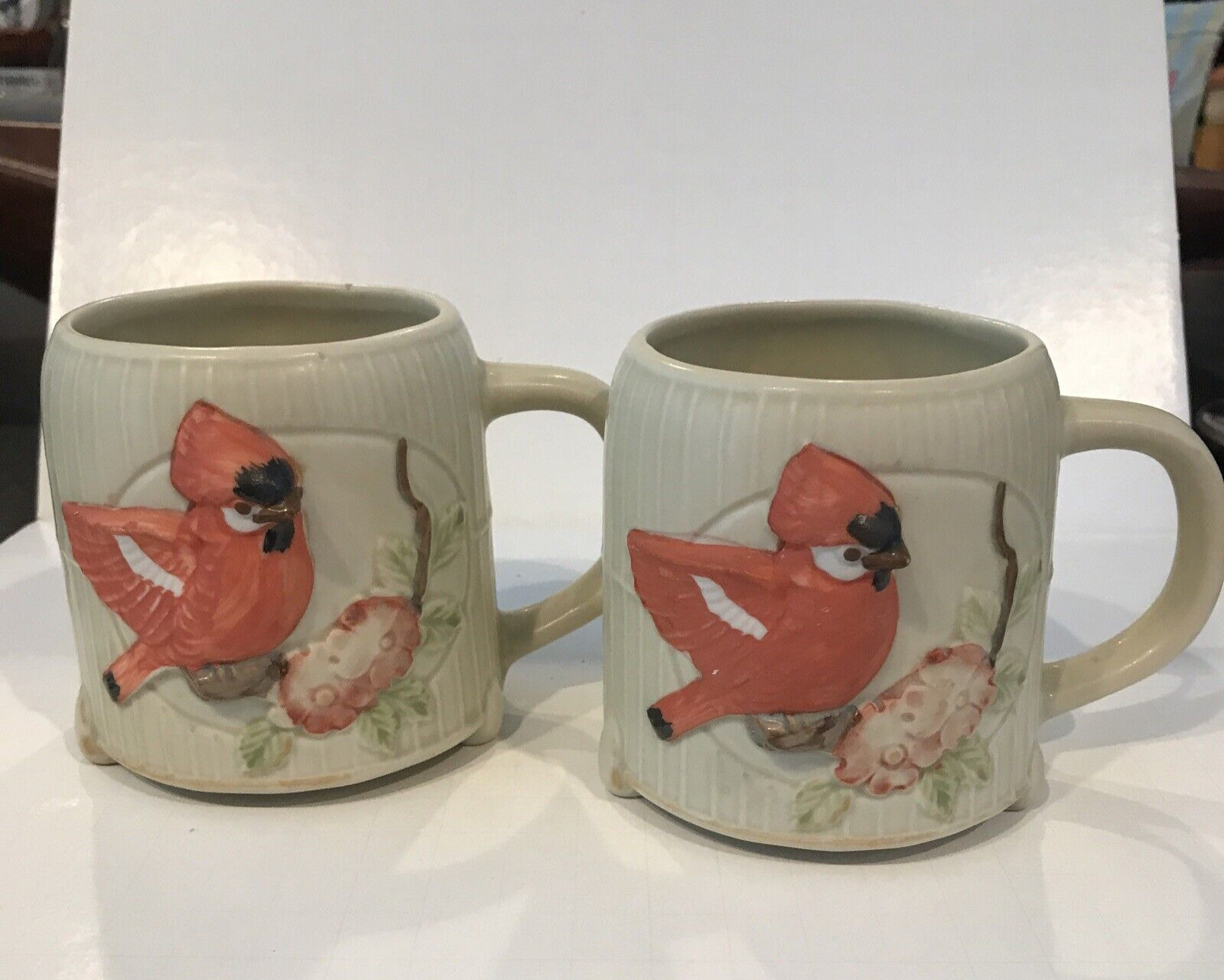 Vintage Takahashi Bird Cage 3-D Footed Coffee Mug  JAPAN Hand Painted set of 2