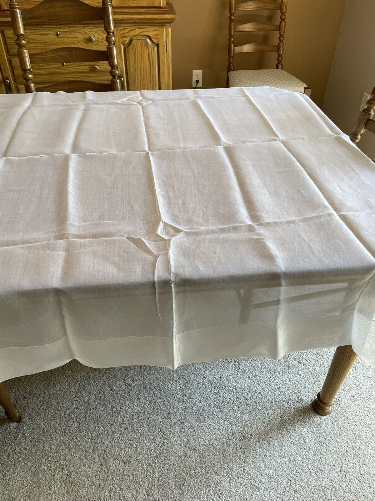 Elegant Vintage Sheer White Organdy Organza Linen Square Tablecloth 64 x 64