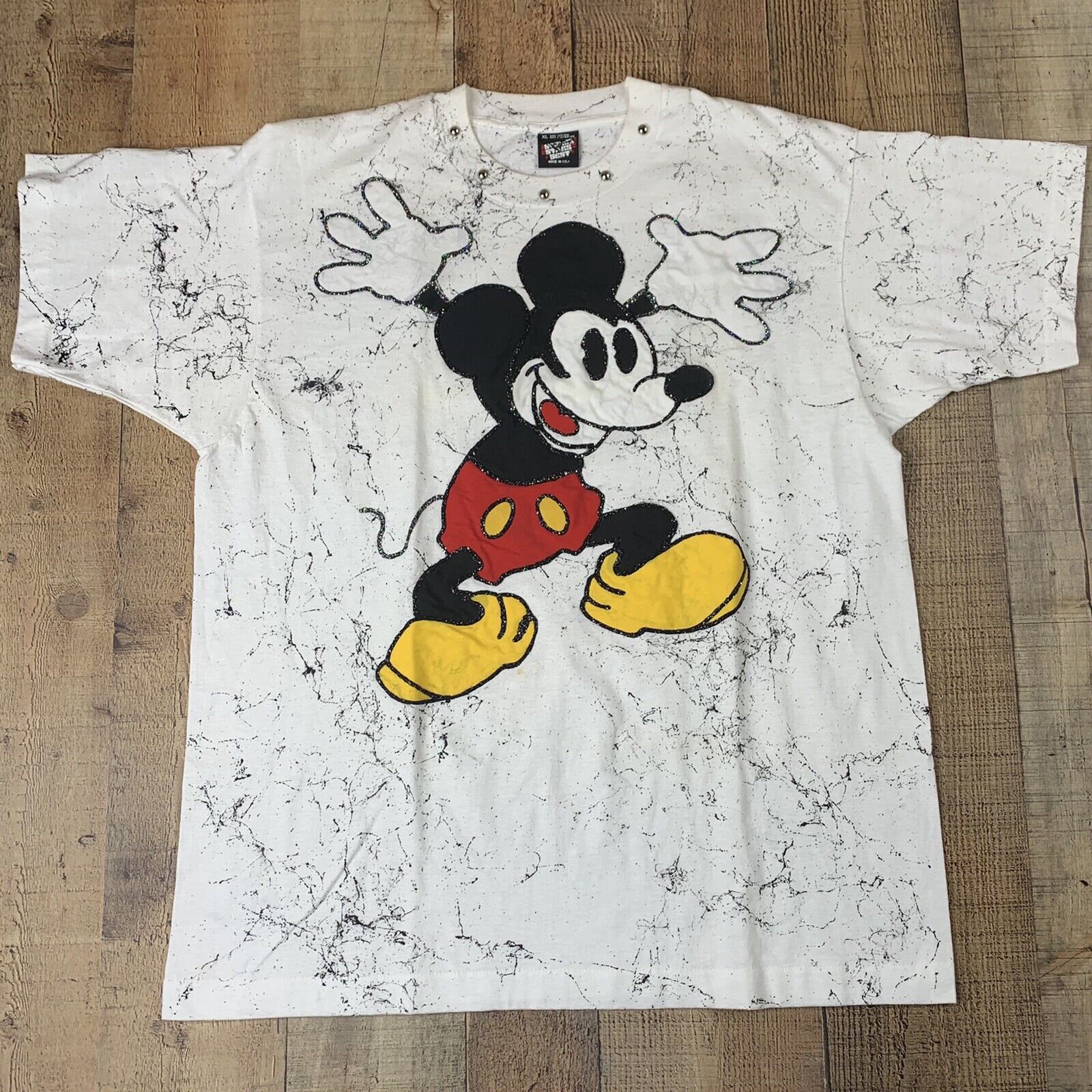 Vintage Disney Mickey Mouse All Over T-Shirt Paint Splatter Single Stitch Sz XL