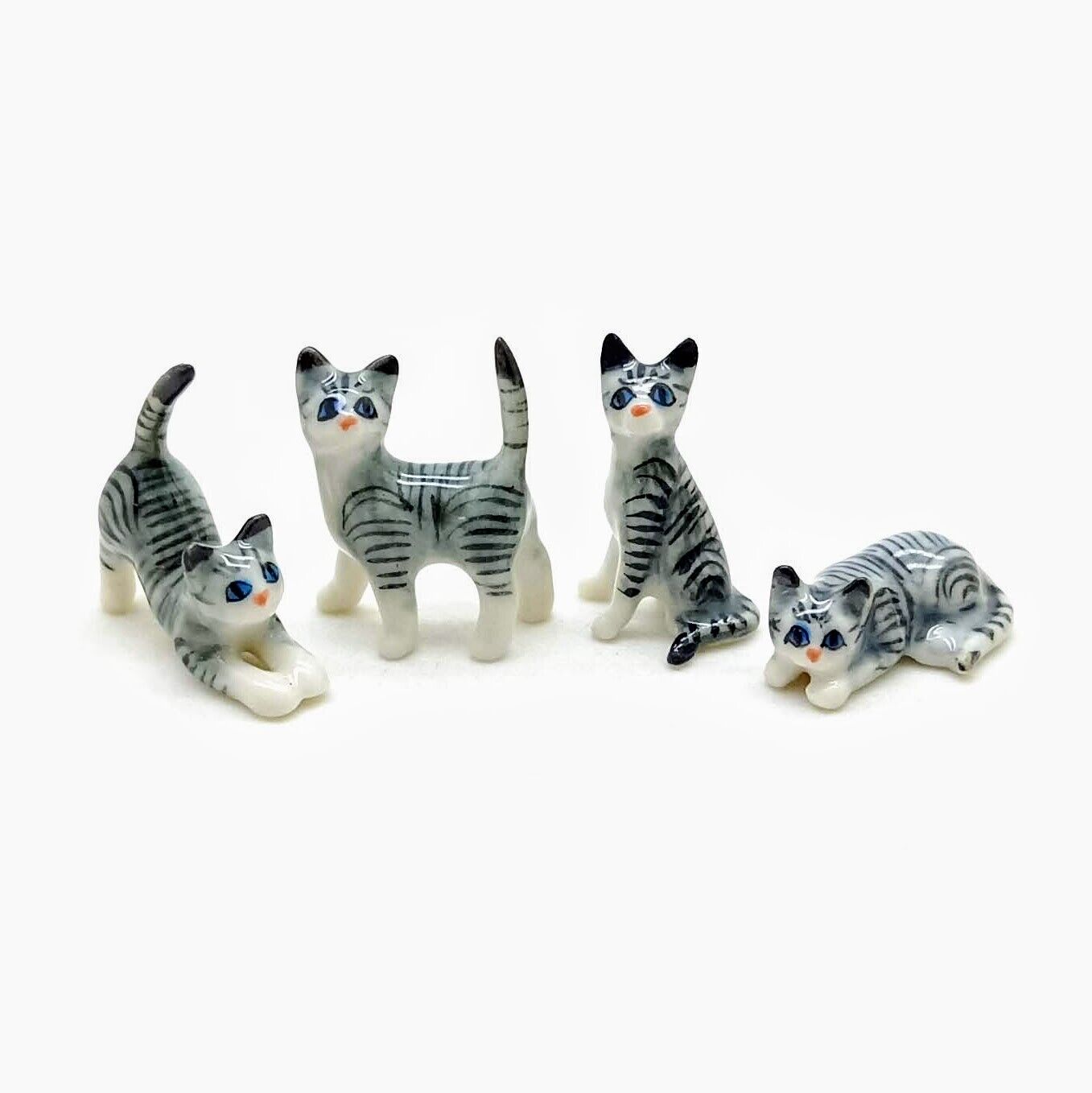 4 Tiny Grey Kitten Cats, Hand-Painted Ceramic Figurines for Dollhouse Decoration