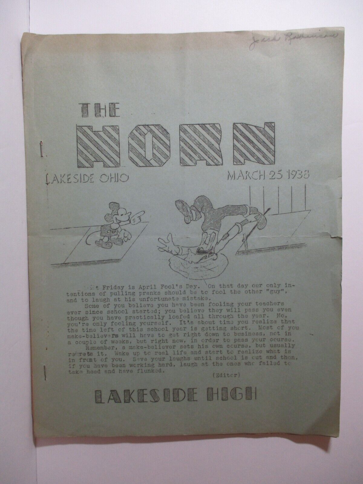 1938 Mimeographed Lakeside High School Magazine WALT DISNEY\'S MICKEY MOUSE GOOFY