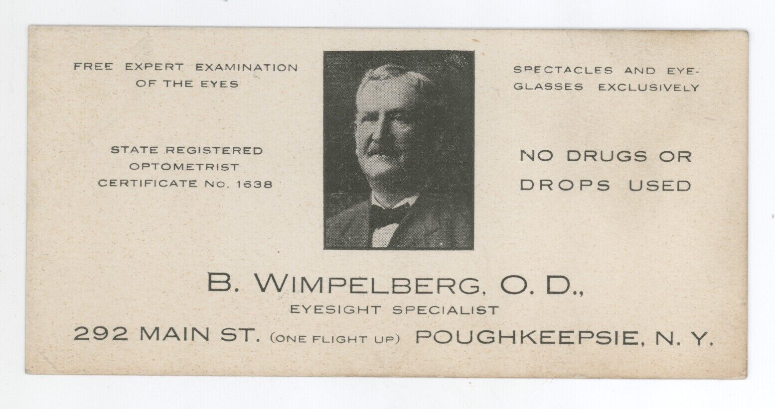 Vintage B Wimpelberg OD Poughkeepsie NY Optometrist Business Card w/ Pic