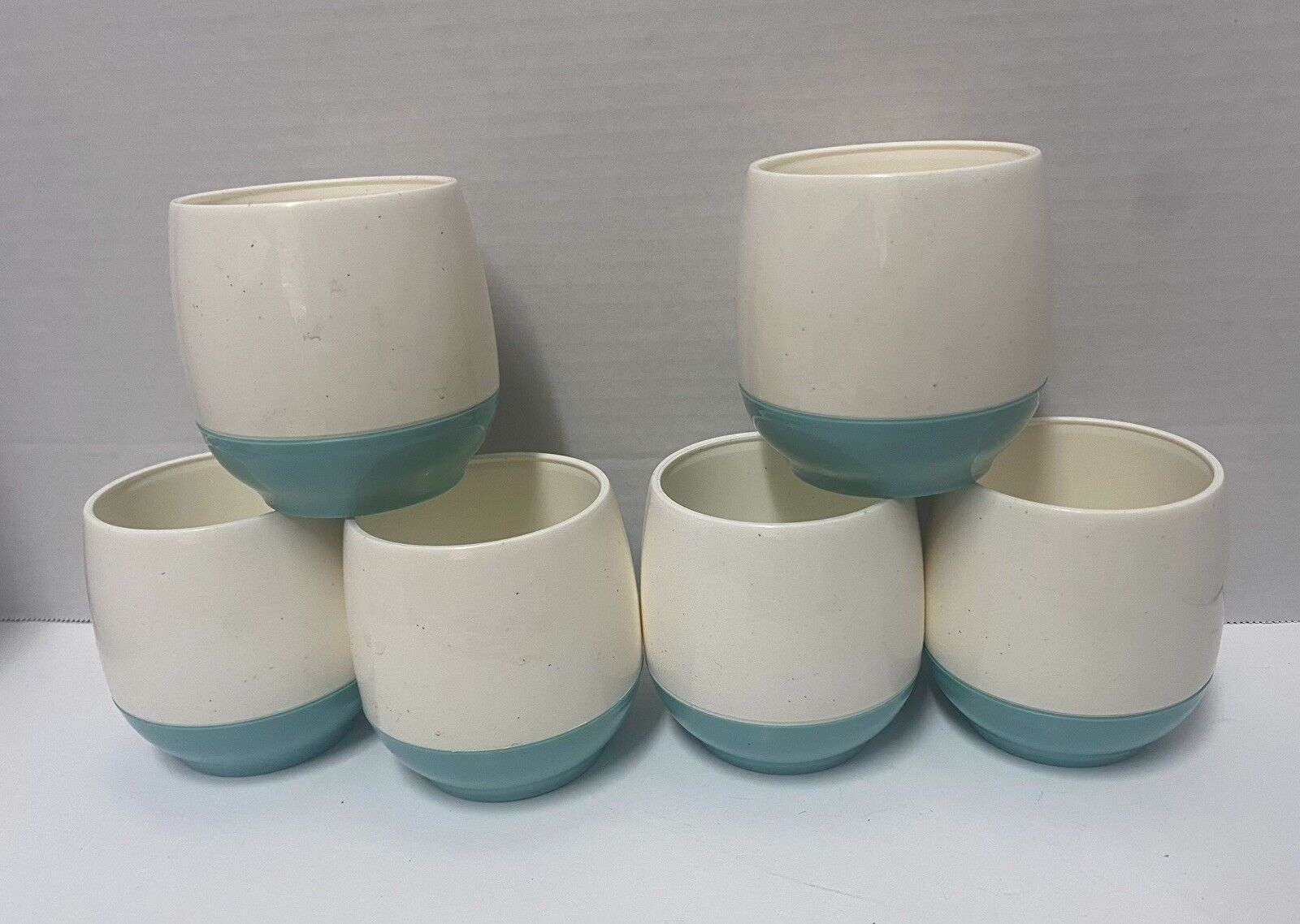 Bopp Decker VACRON Plastic Insulated Cups White/Turquoise Retro MCM- Set Of 6