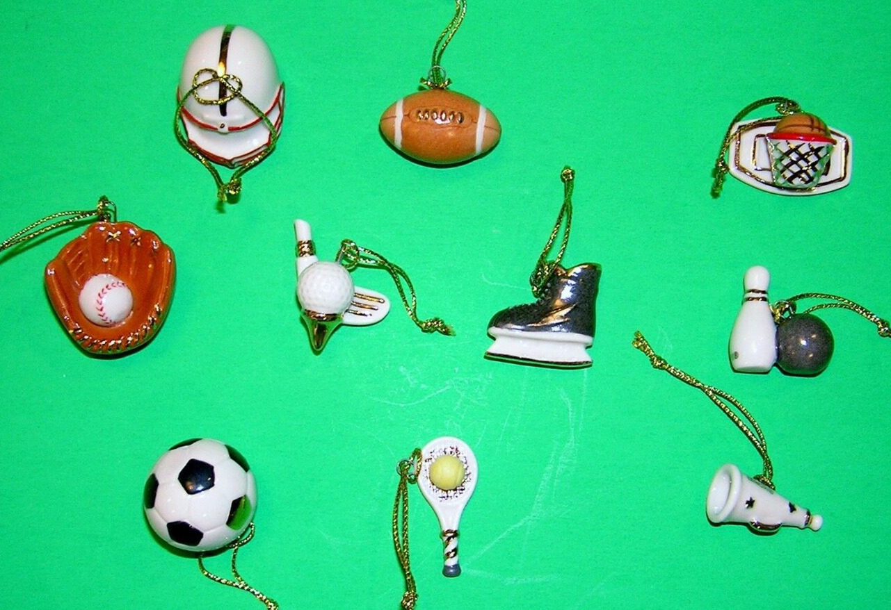 LENOX DREAMING OF SPORTS 10 miniature Tree Ornaments set football -- -NEW in BOX