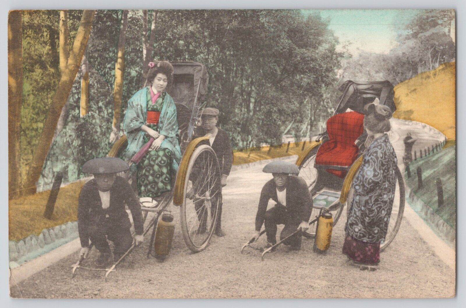 Postcard Japan Geisha On Rickshaw Roadside Hand Colored Vintage Antique