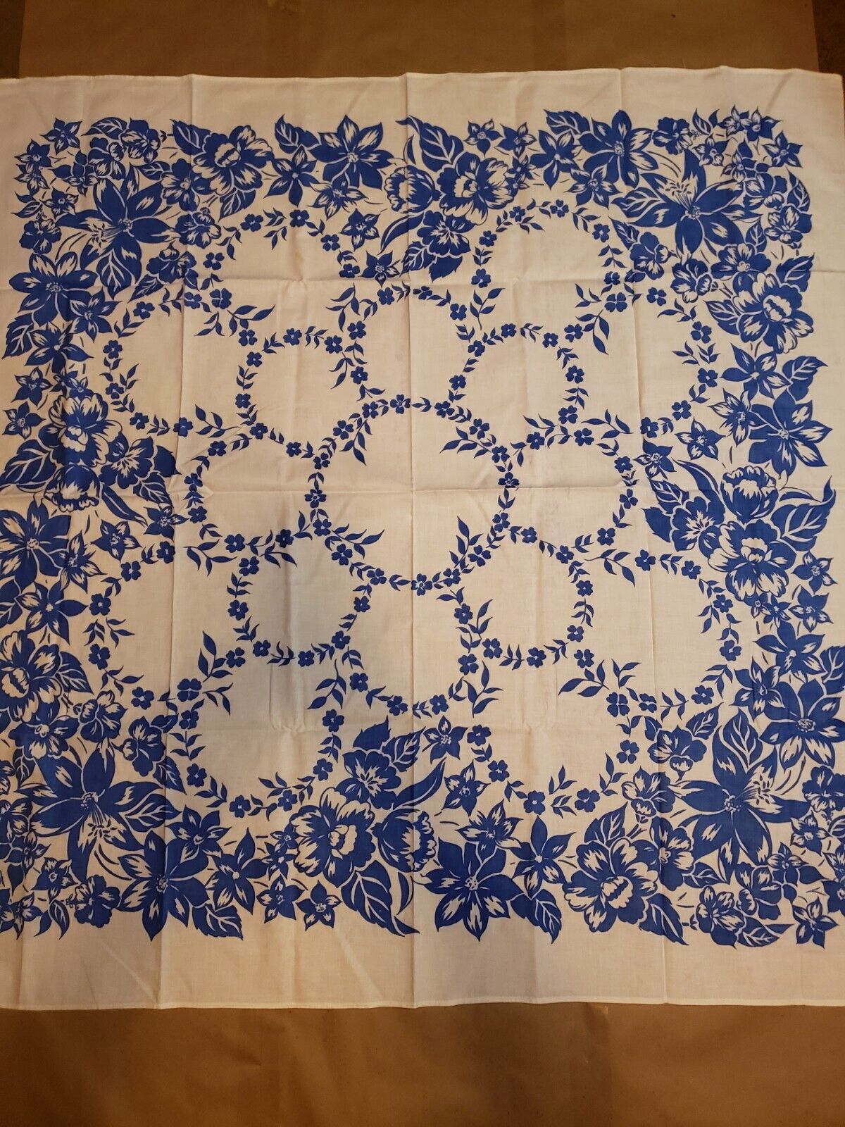 Vintage Handmade MCM Tablecloth Blue Flowers 48x48 Ready For Summer