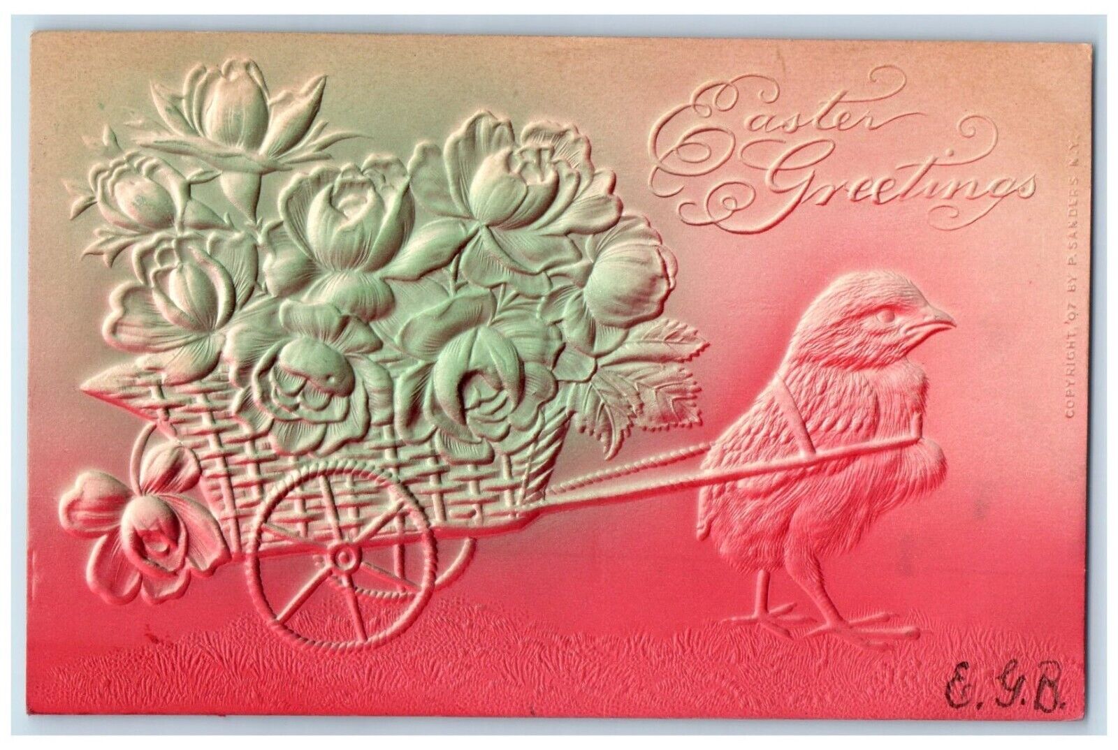 c1910's Easter Greetings Chick Pulling Cart Flowers Airbrushed Embossed Postcard
