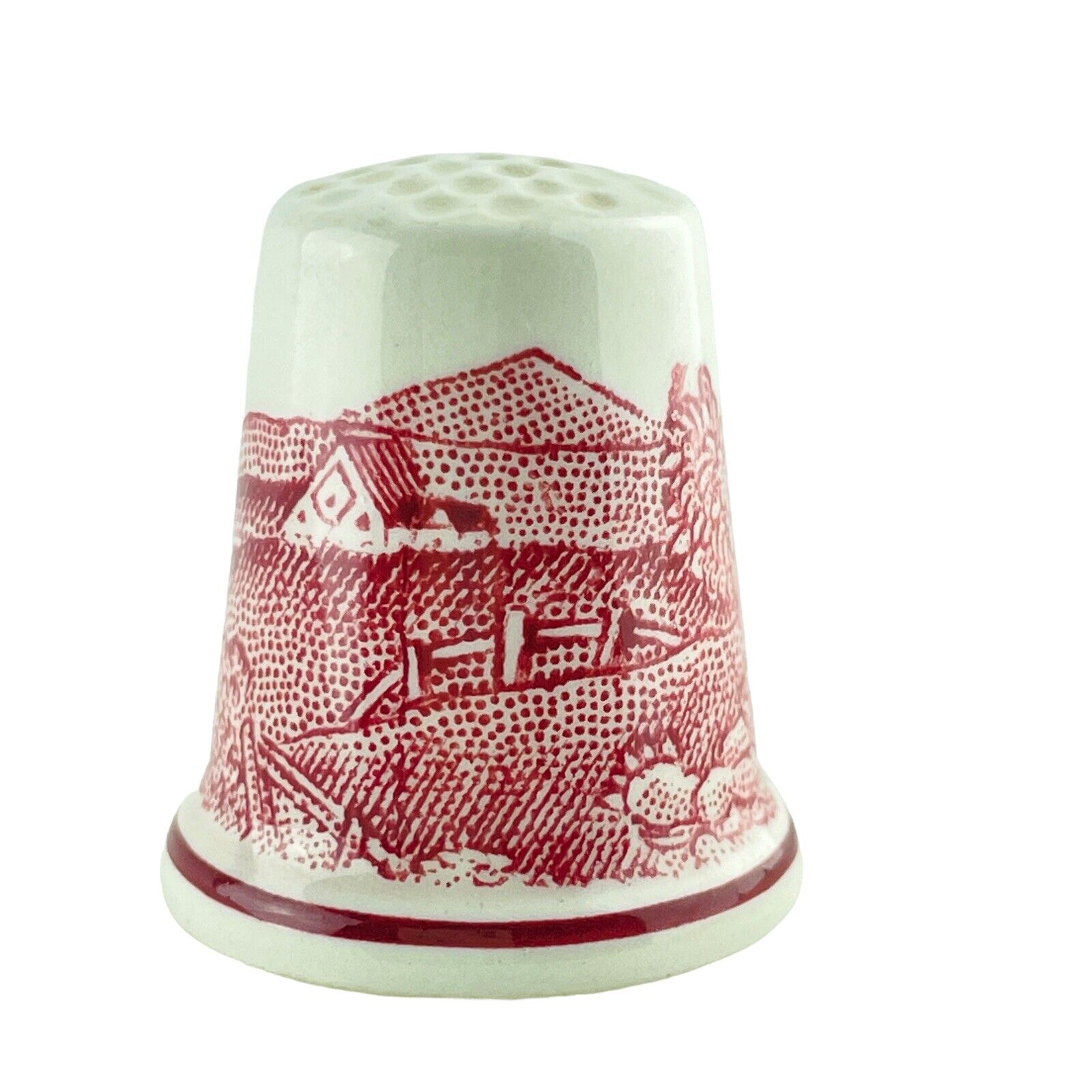 Thimble Sewing J Adams White Porcelain Country Farm Scene in Red