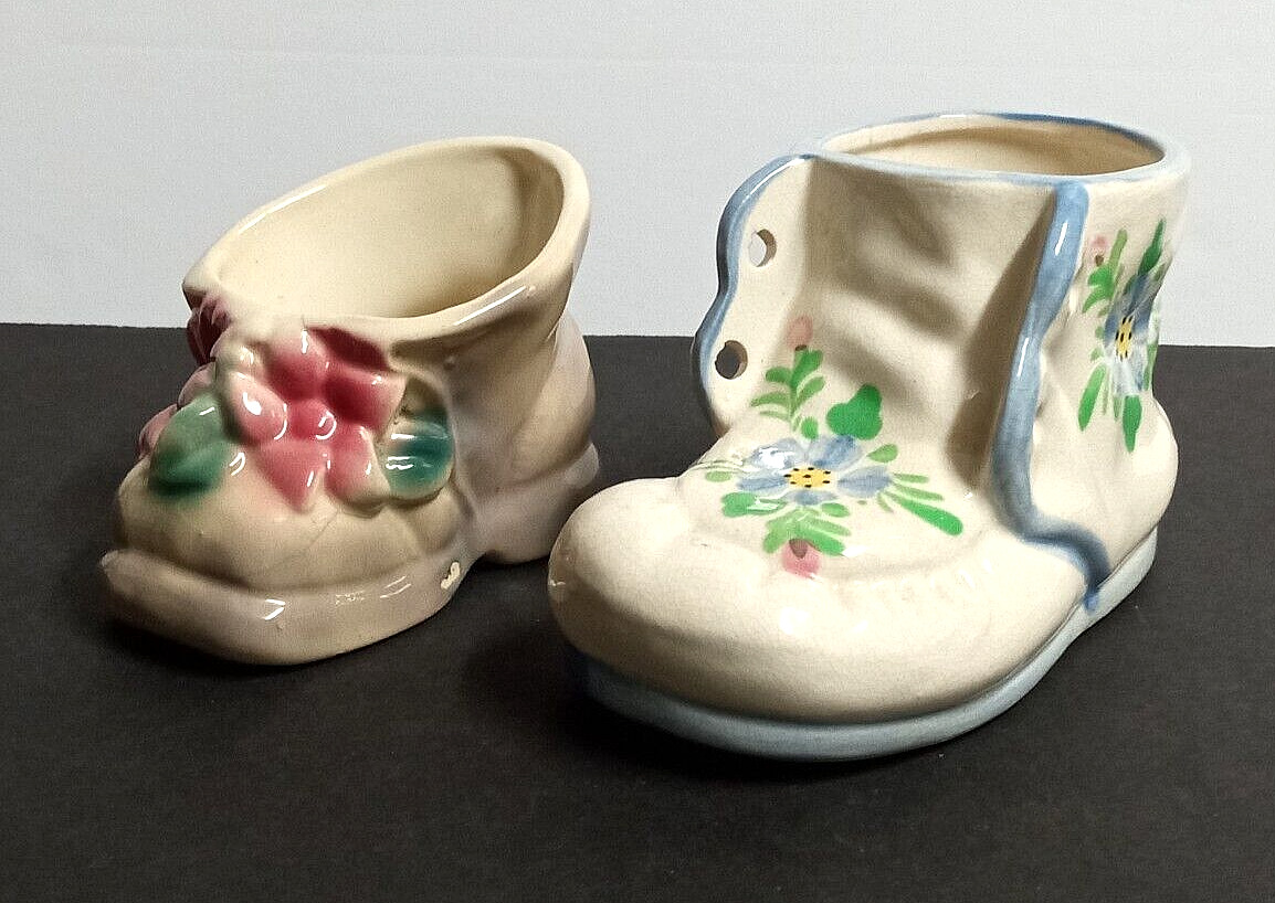 Pair of Ceramic Shoe Baby Shower Planters Decor Vtg Figurines 4\