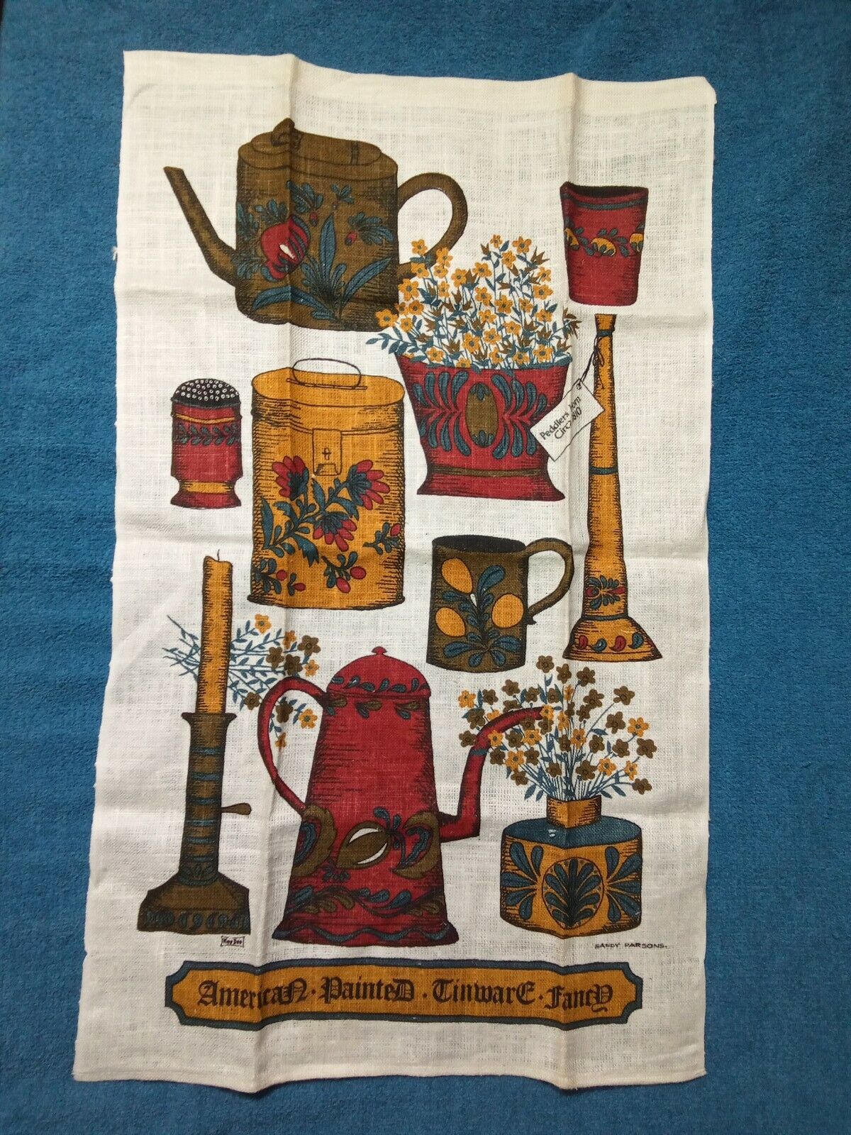 American Painted Tinware Fancy by Sandy Parsons Kay Dee Linen printed tea towel 