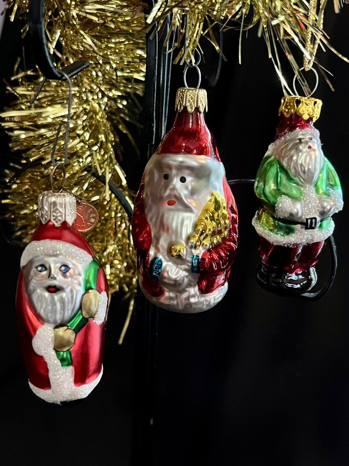 3 Vintage Blown Glass Santa Christmas Ornaments