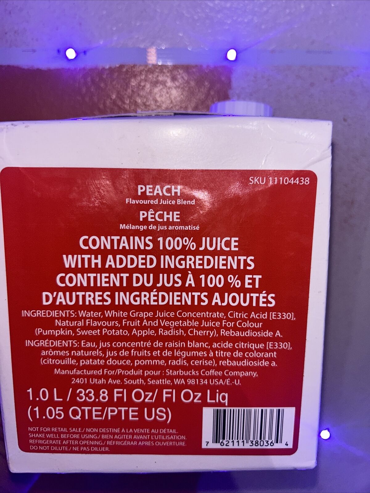 Starbucks Peach Flavored Juice Infusion 1 Liter Sealed Carton New BB 5/15/2024