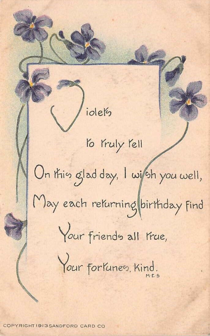 Sandford Card Arts Crafts Quotation Postcard Violets Flower 1913 Antique Vintage