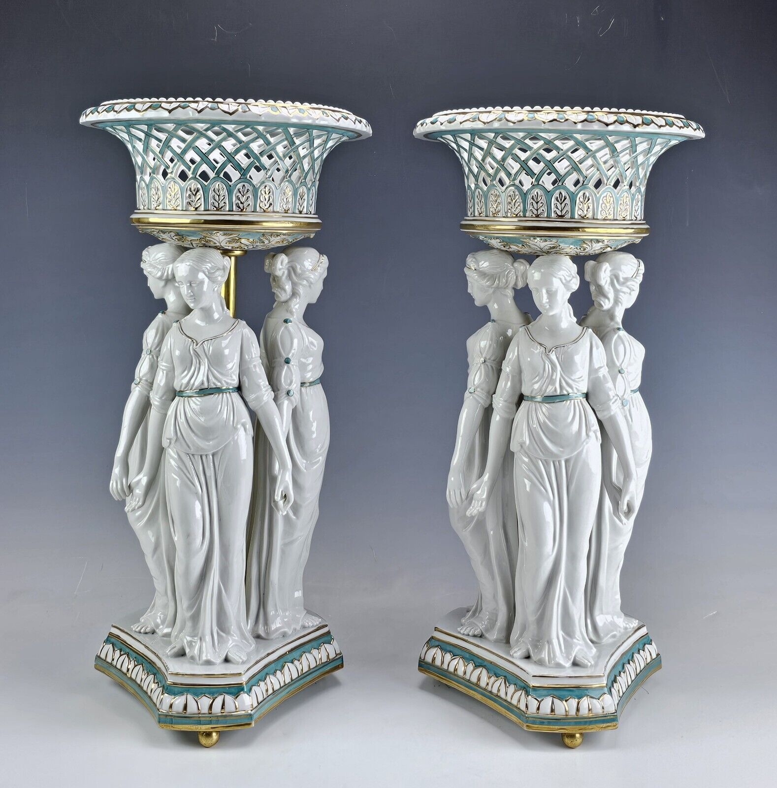 Large Antique German Pair Porcelain Figural Centerpieces Three Graces 