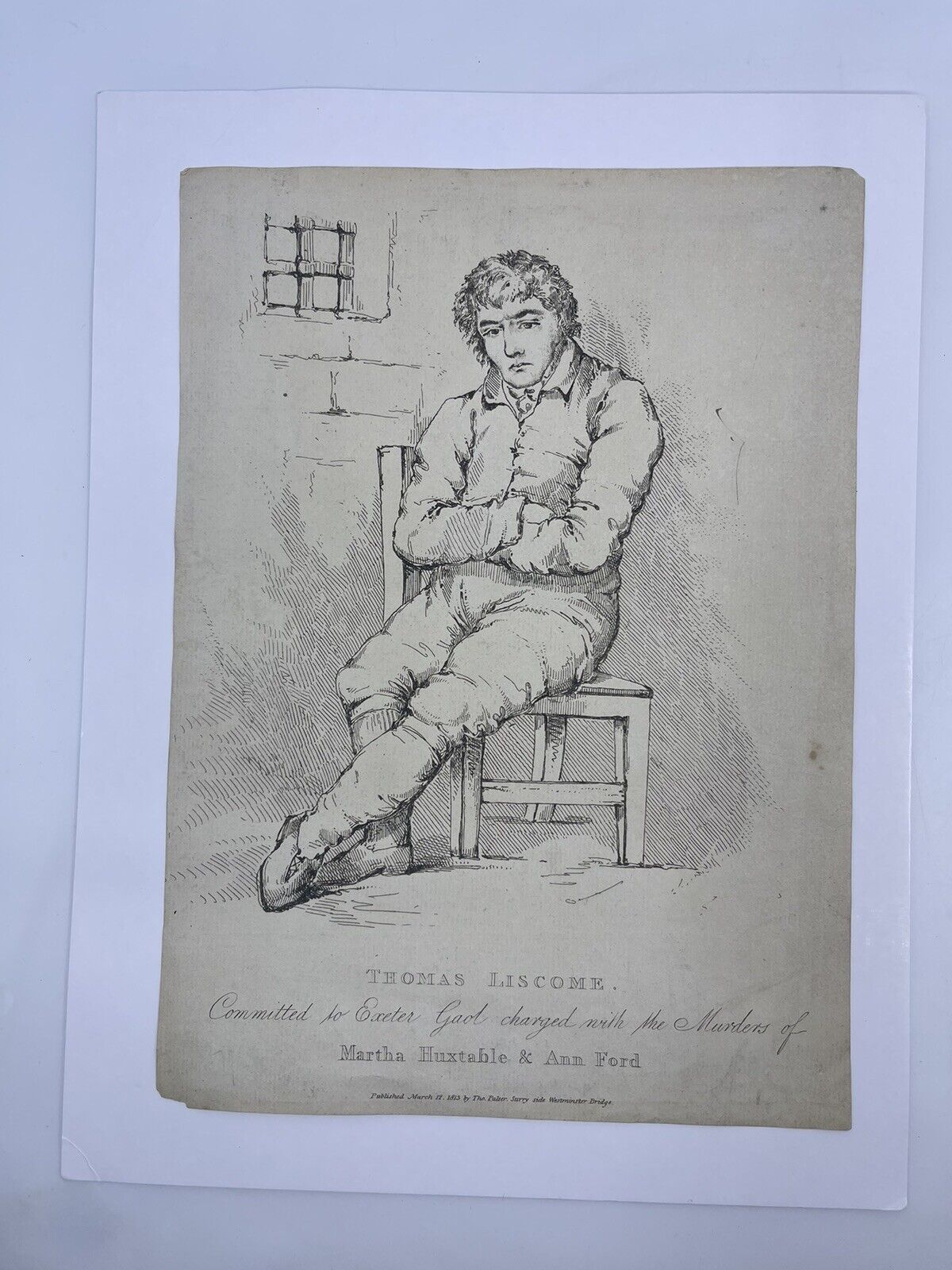 Vintage Etching Of Murderer Thomas Liscome By Thomas Palser 1813 Surry UK RARE