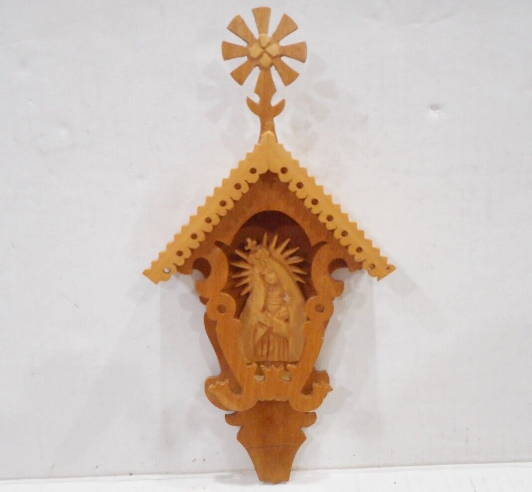 Vintage Wooden Blessed Virgin Mary Wall Hanging Hand Carved 8.5 in. Tall