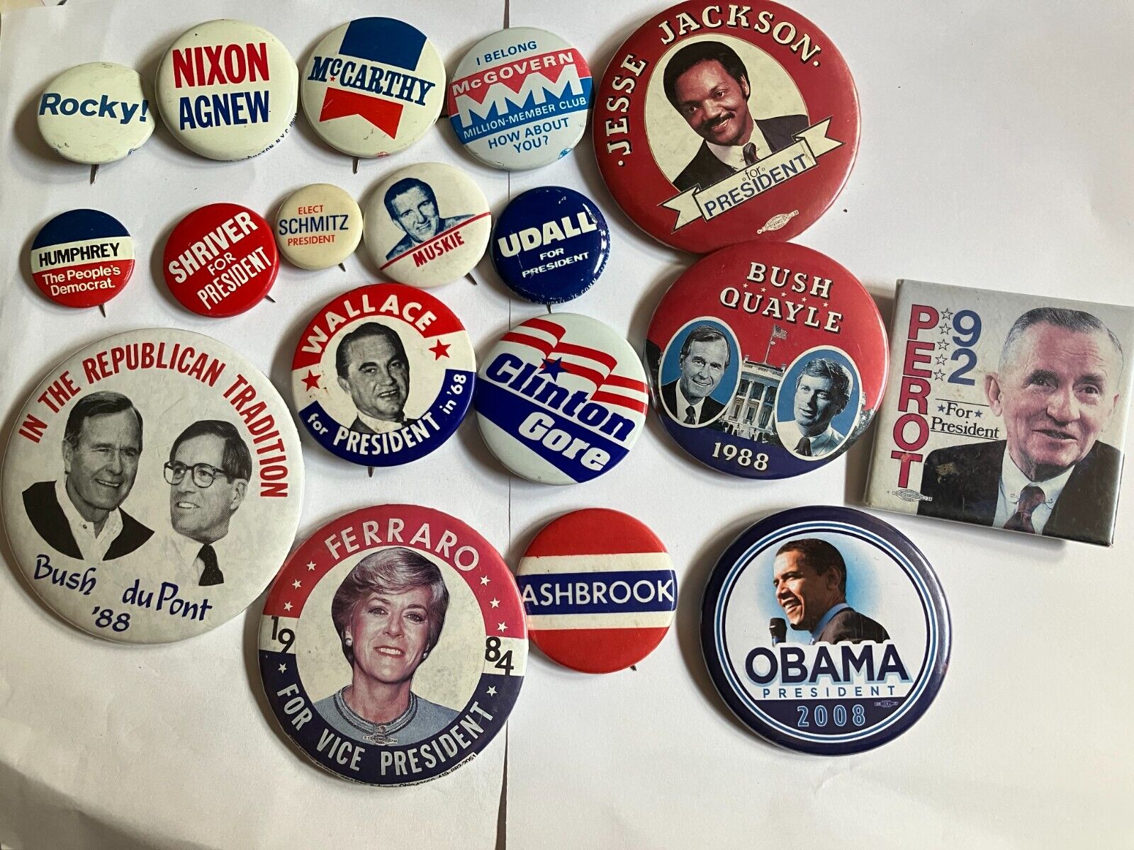 Lot of 18 presidential campaign buttons--vintage to modern --1960s to 2000s