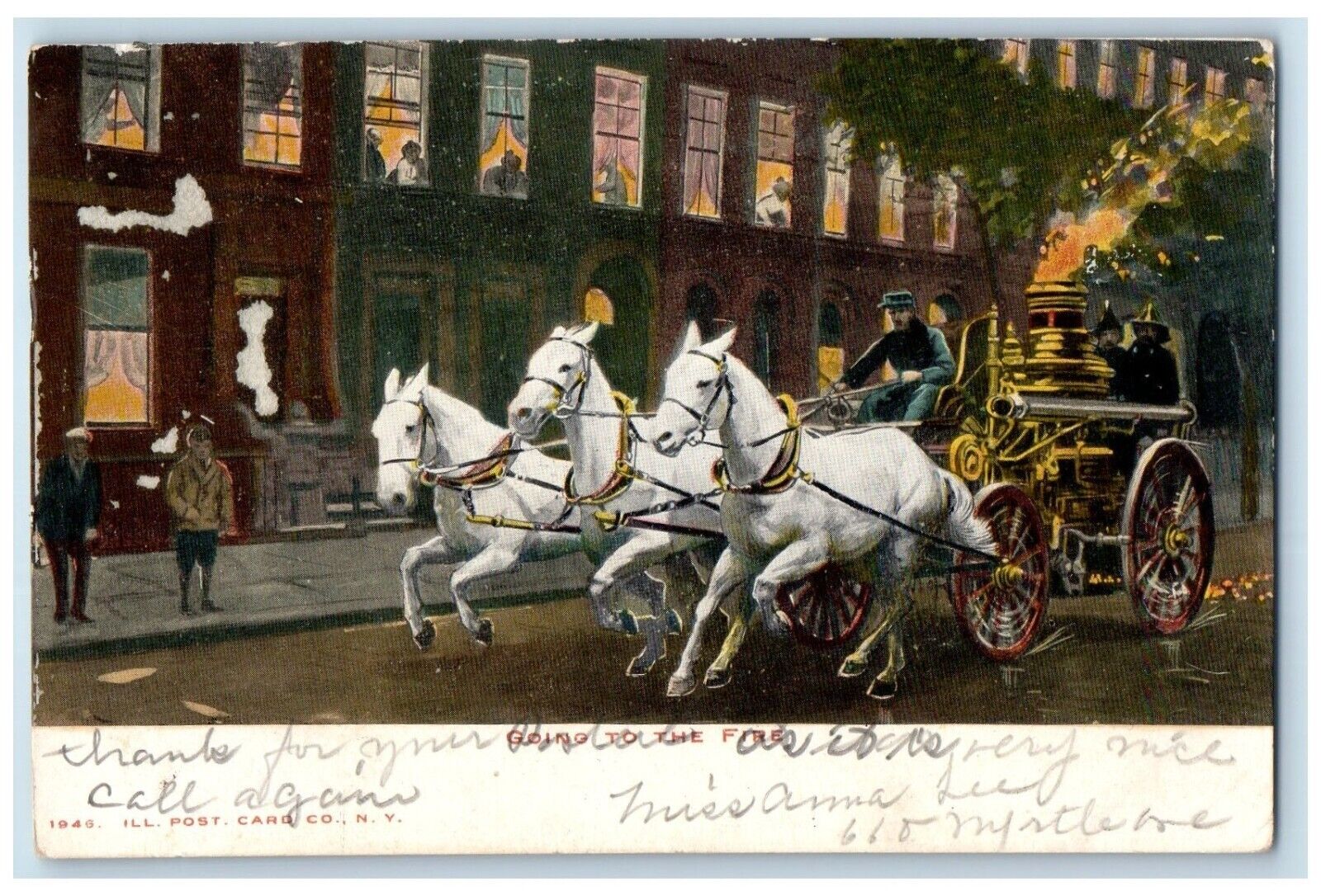 1906 Going To The Fire New York NY, Horses Pulling Fire Engine Antique Postcard