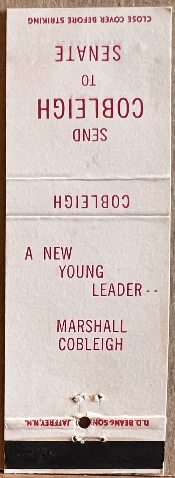 Elect Marshall Cobleigh Manchester NH New Hampshire to Senate Matchbook Cover