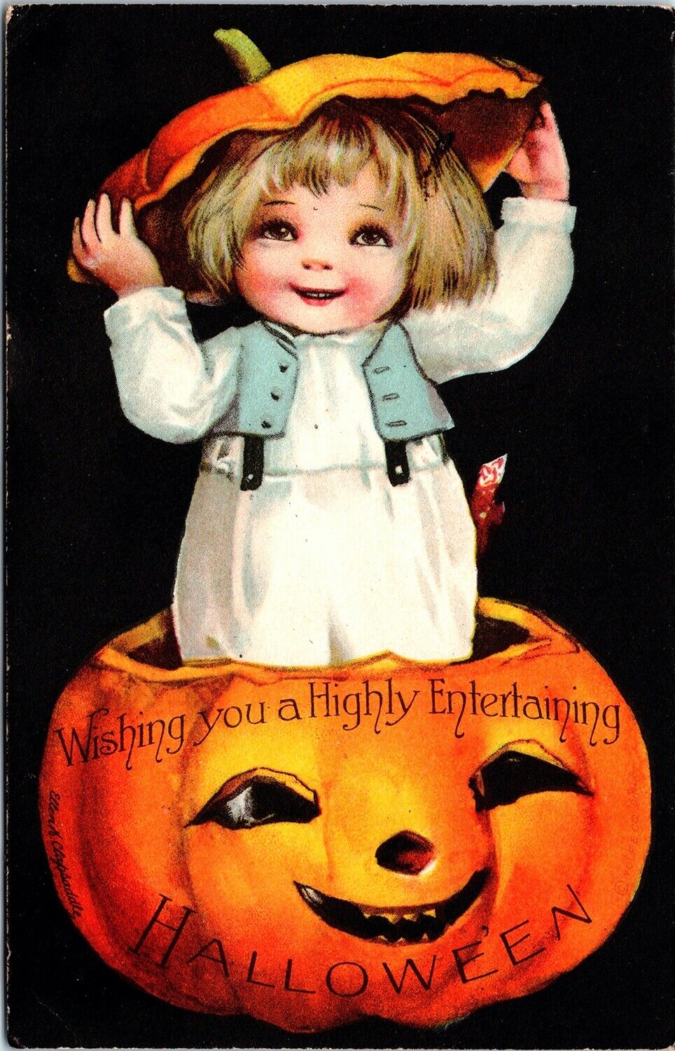 Vintage Clapsaddle Adorable Little Boy, Pumpkin, JOL Antique Halloween Postcard