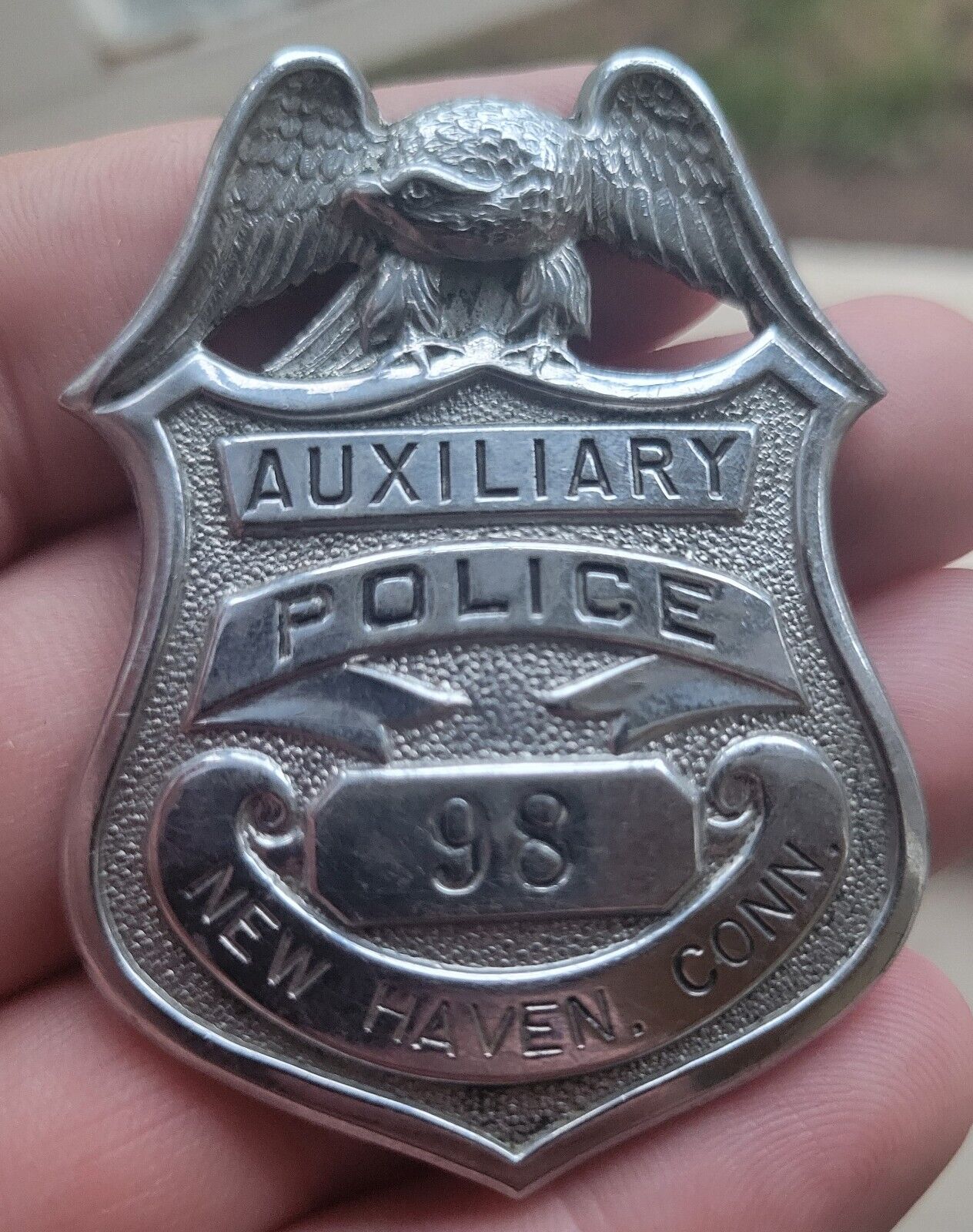 Numbered Obsolete Auxiliary Police Badge, New Haven Connecticut