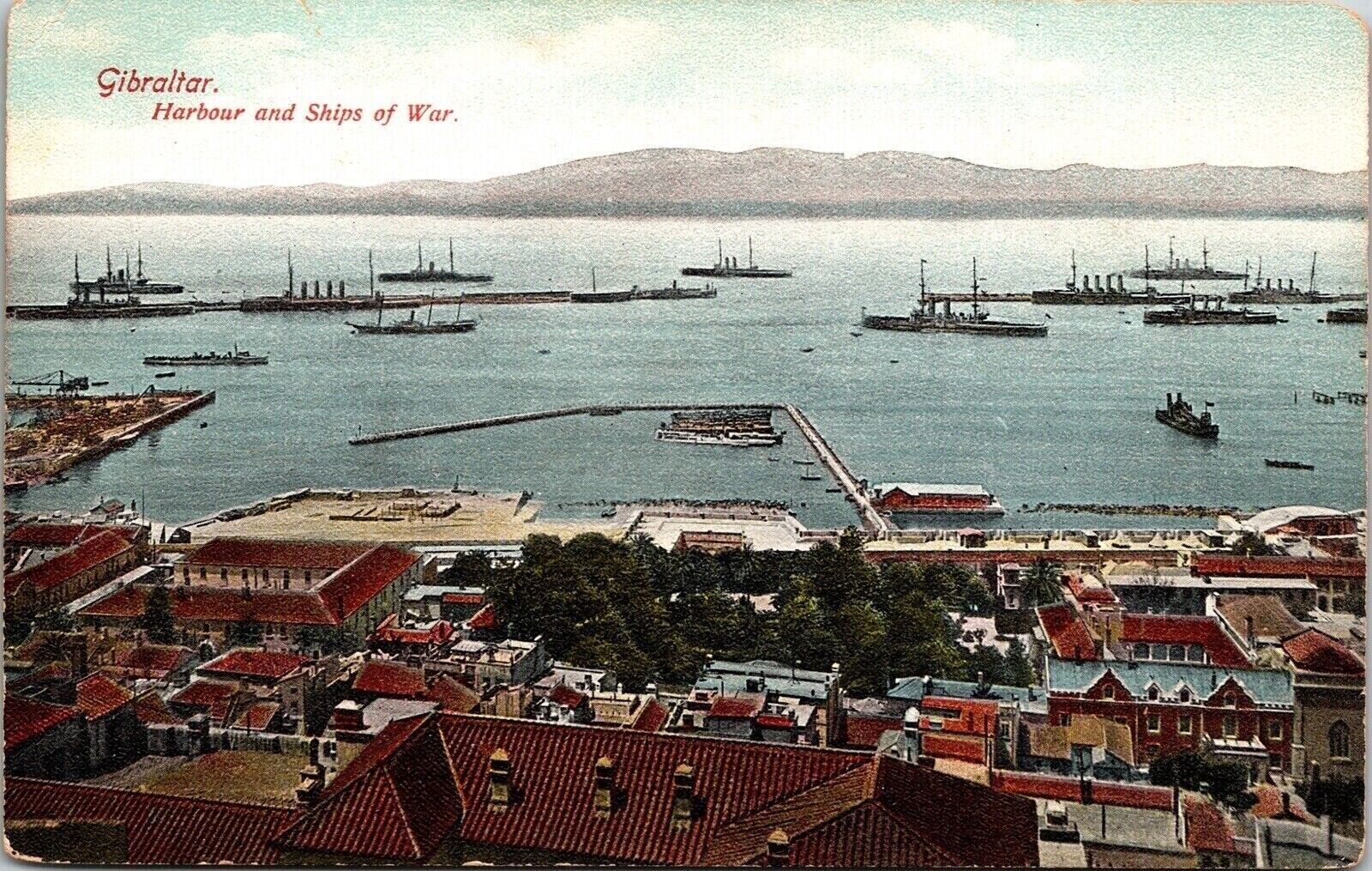 Gibraltar Harbour Ships War Mountains High View Houses Pier Postcard Unused UNP