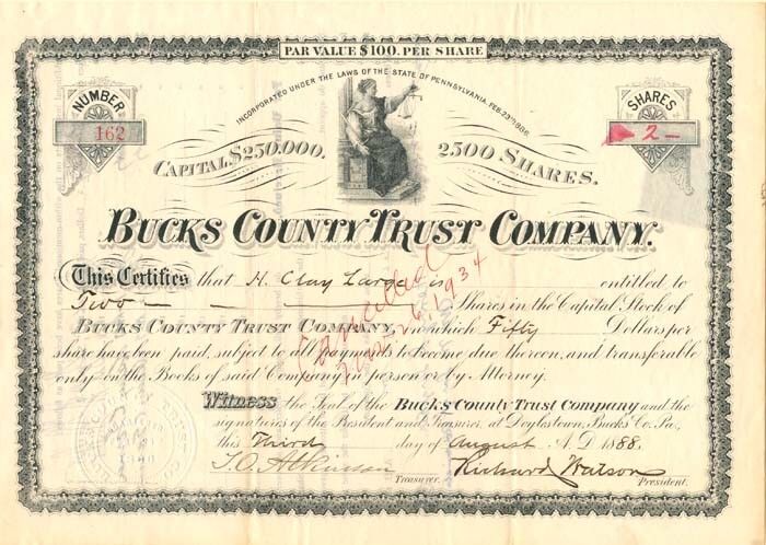 Bucks County Trust Co. - Stock Certificate - Banking Stocks
