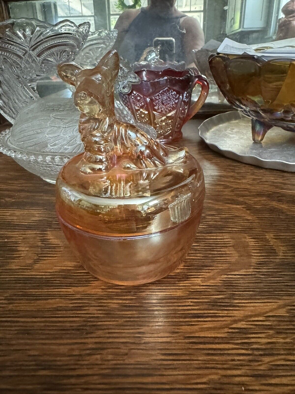 Vintage Jeanette Carnival Glass Irridescent Marigold Powder/Trinket Box