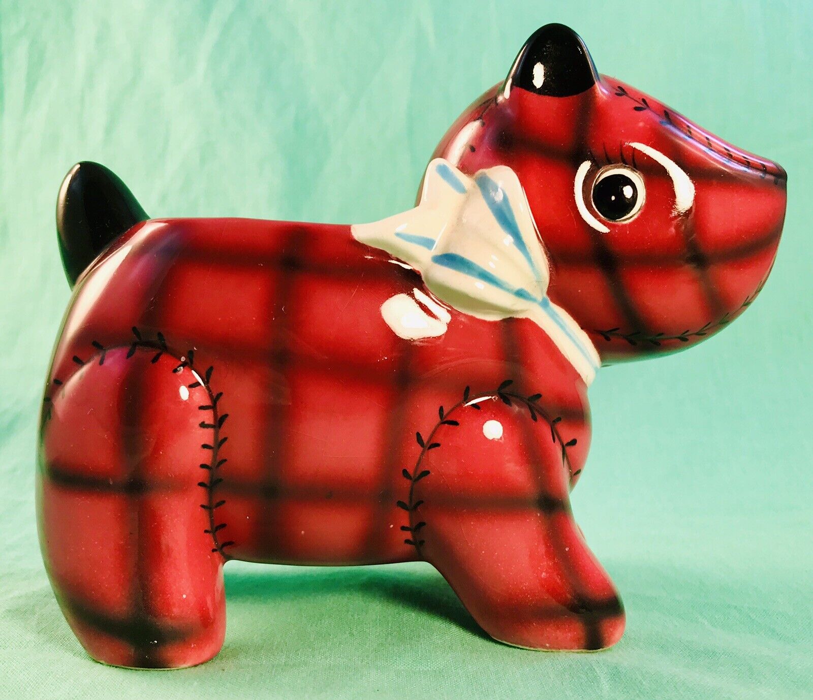 CUTE Plaid Scottish Puppy Dog Stuffed Animal Ceramic Figurine Planter Norcrest