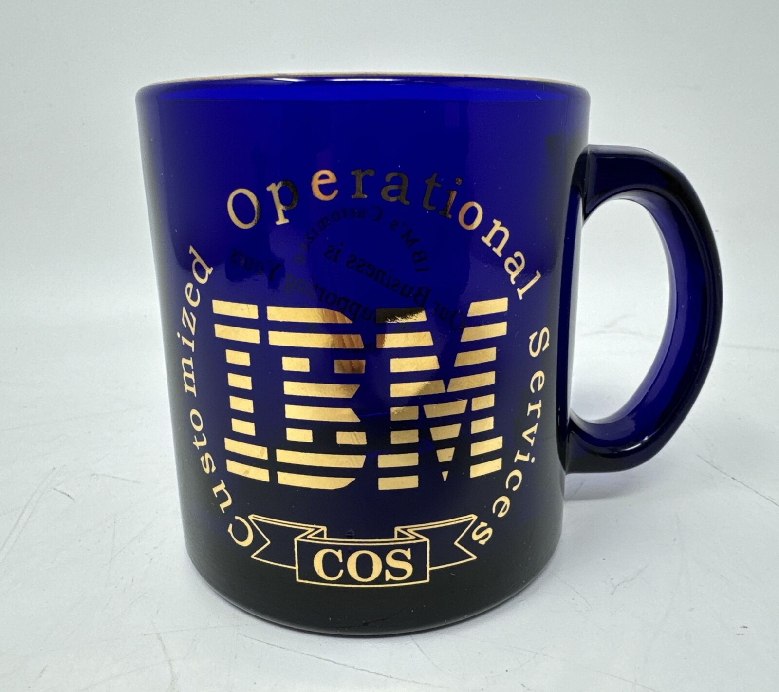 Vintage IBM Cobalt Blue Glass Coffee Mug RARE Computers Customized Operational