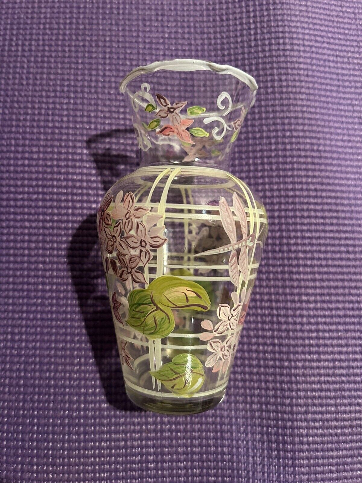 Vintage Tracy Porter Vase Hand Made And Hand  Painted Glass Floral Dragonfly 