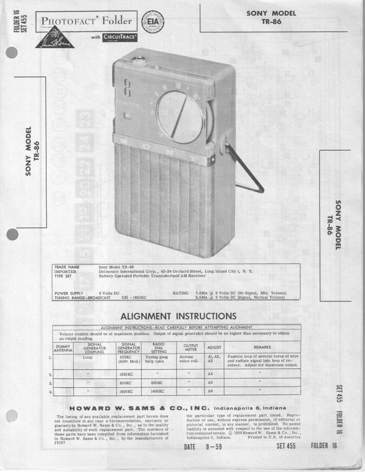 Sony TR-86 Sams Photofacts Original Vintage Transistor Radio 