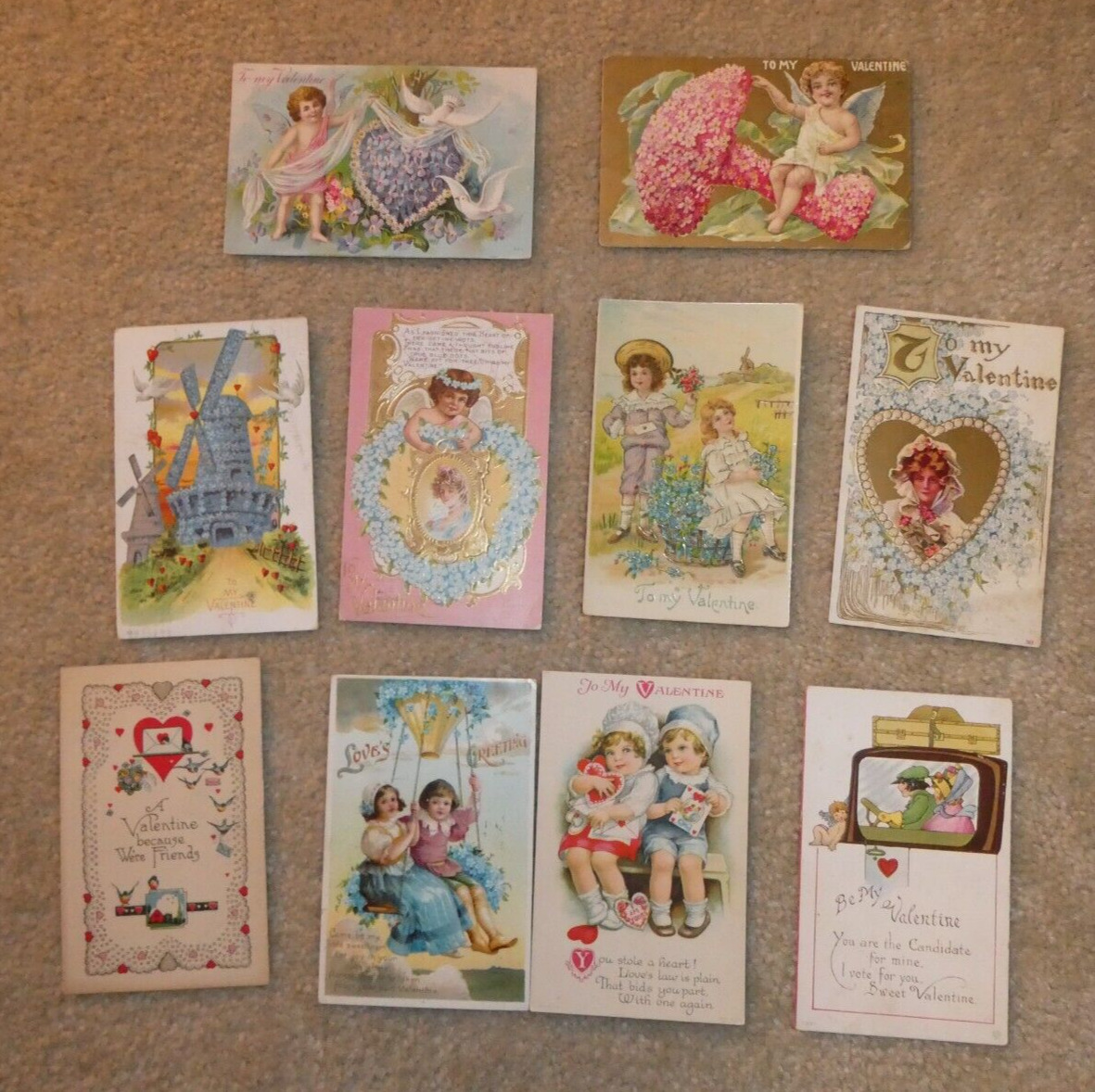 Lot of 10 Antique 1910s Litho and Embossed Valentine\'s Day Postcards