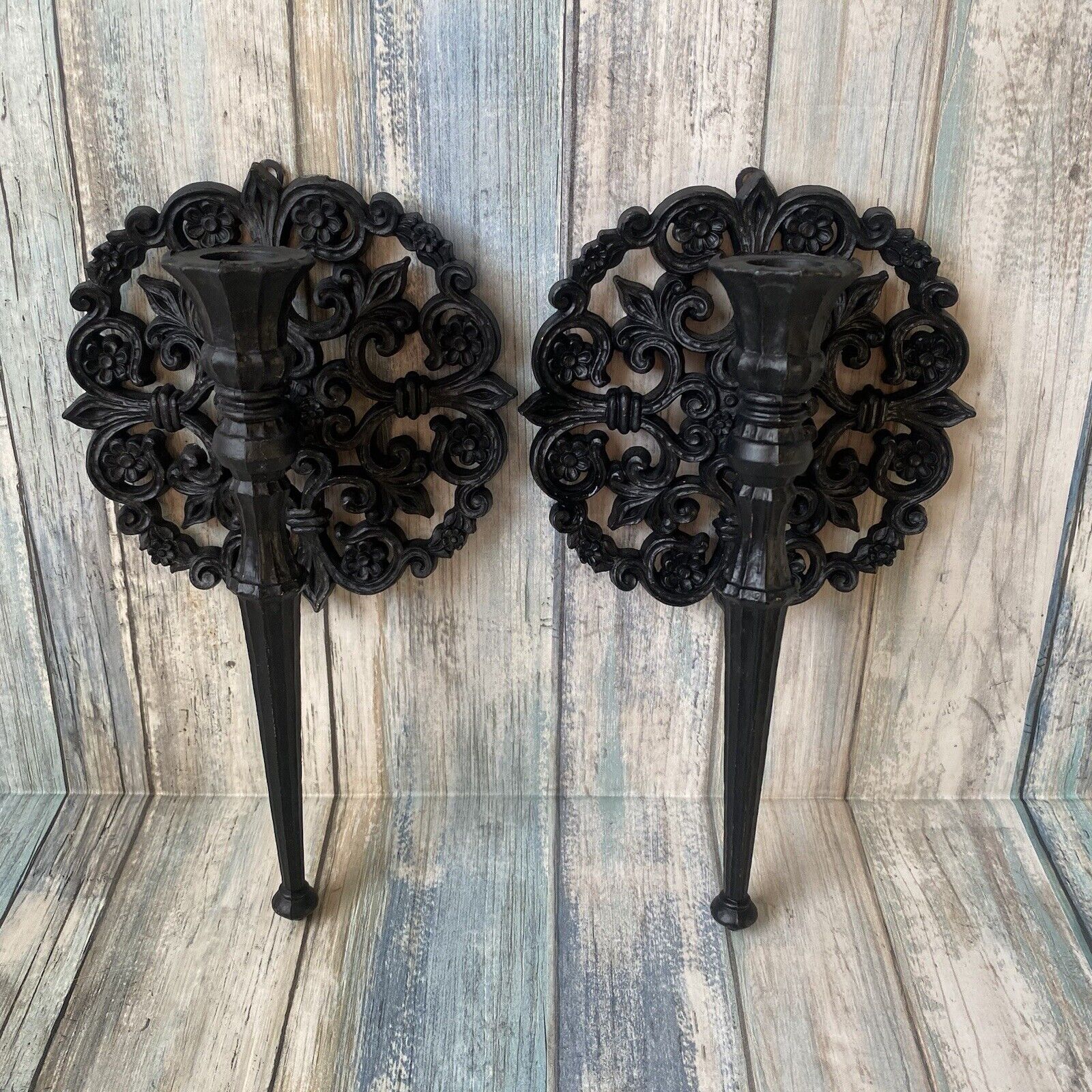 VTG Homco Wall Sconce Candle Holders Pair Gothic Black Witchy MCM Gothcore 10”