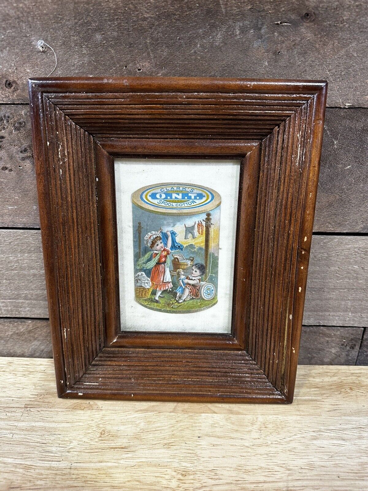 Vintage Wood Framed “Clark’s O.N.T. Spool Cotton” Advertisement Cabinet Card