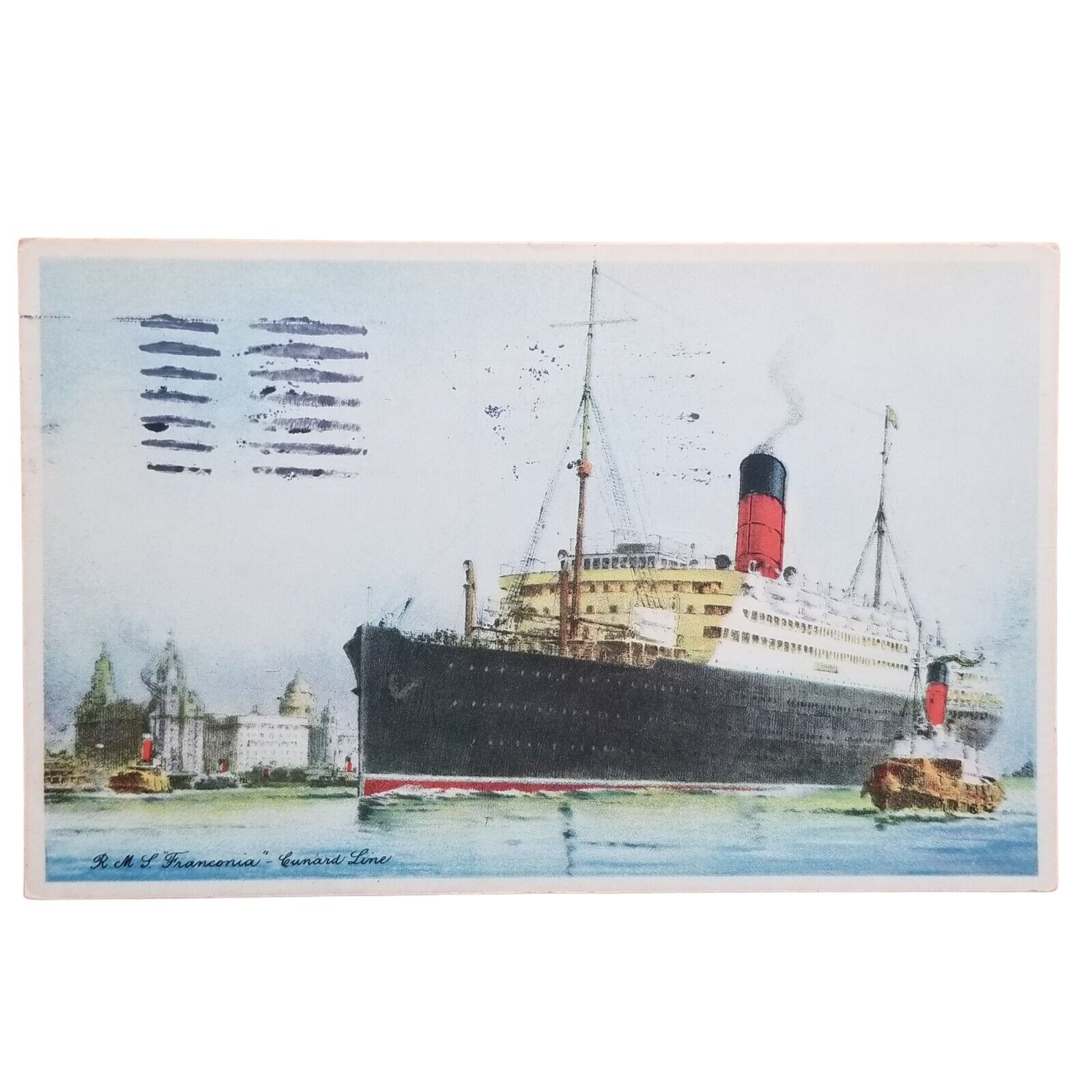 1932 RMS Franconia Ocean Liner Steam Ship Cunard Line Tug Boat Postcard Vtg PA