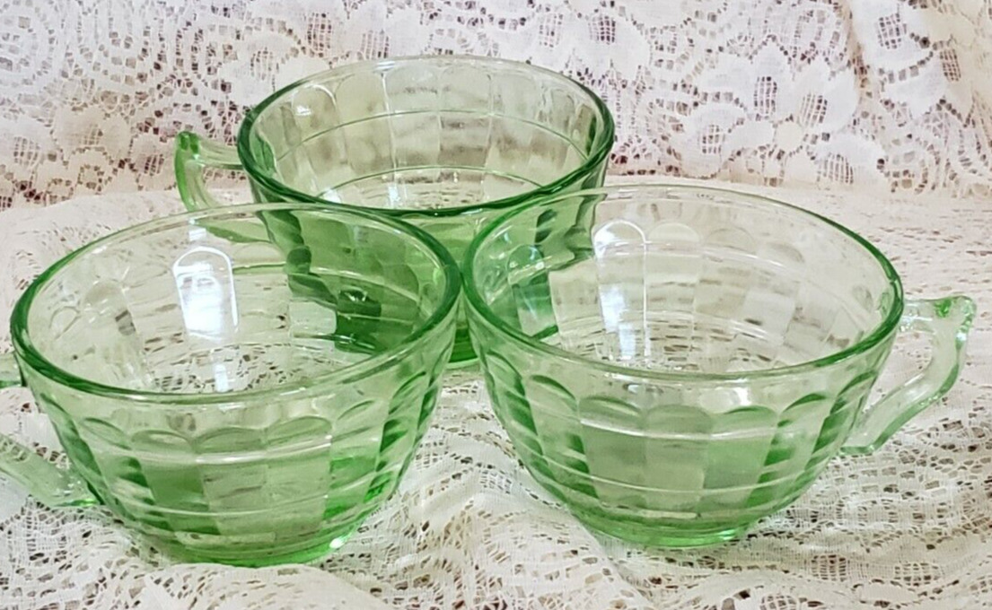 3 Green Vaseline Glass Depression Cups Block Optic Pattern 1930s Replacements