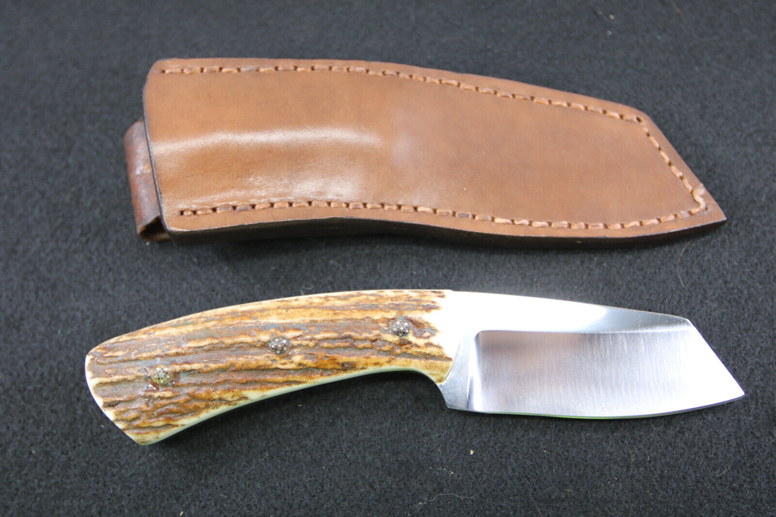 Jim Ort OZ Custom Knives Cleaver Knife ATS-34 Blade Antler Leather Sheath F/S