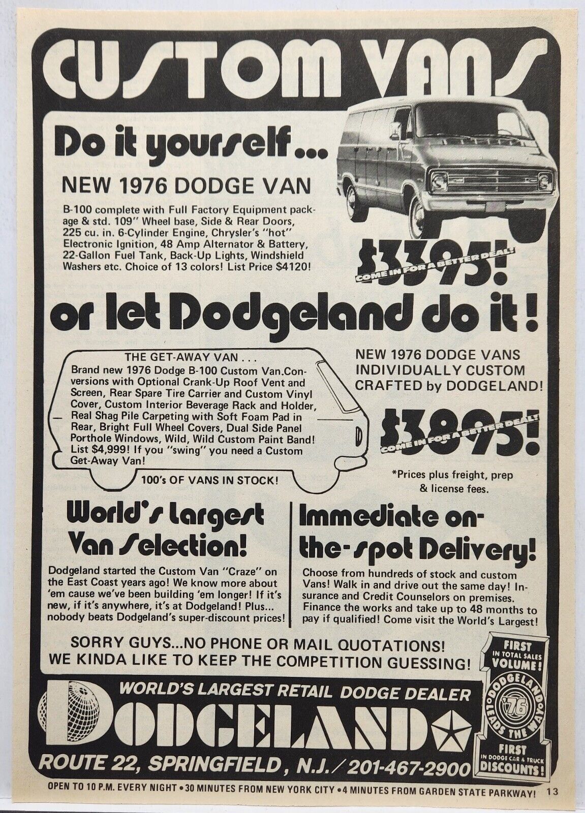 1976 DodgeLand Dodge Van Dealer Retro Vtg Print Ad Man Cave 70\'s Springfield NJ