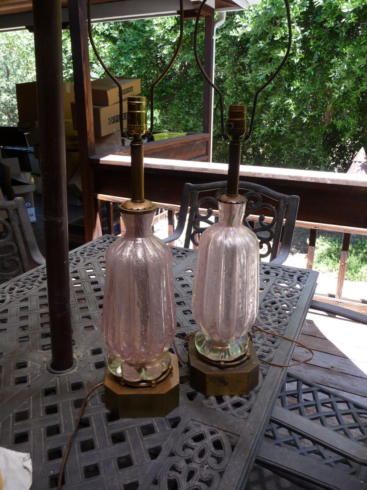Vintage Murano Purple / Pink Glass Lamps Pair Early Barovier & Toso Art Deco