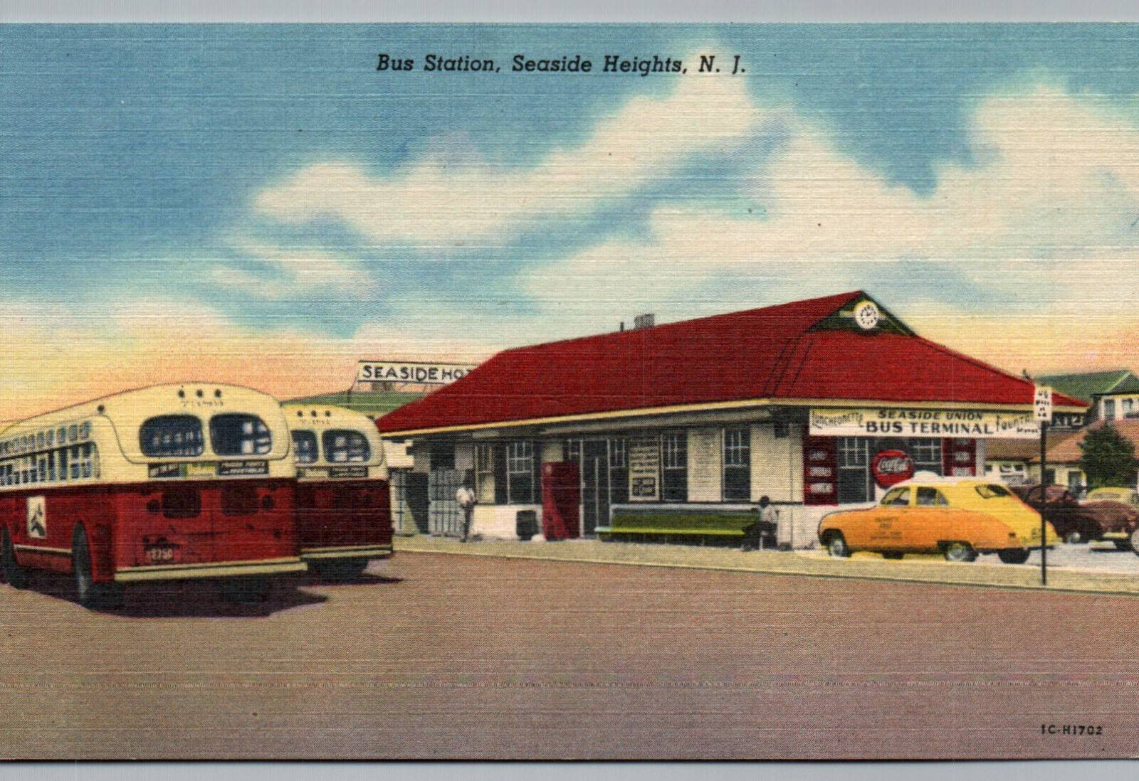 Seaside Heights NJ Bus Station Postcard Vintage Linen Old Bus Terminal Car Coke