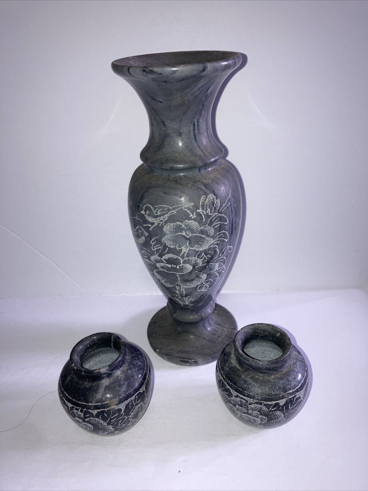 Hand Crafted Marble Vase Set, Etched, Vintage, J.R. Rodgers Ltd.